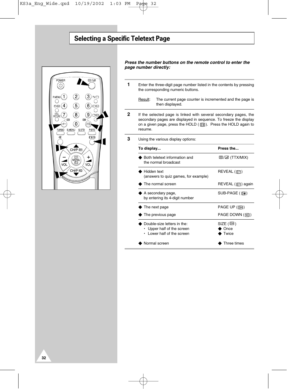 Selecting a specific teletext page | Samsung CS29K10MQ User Manual | Page 32 / 40