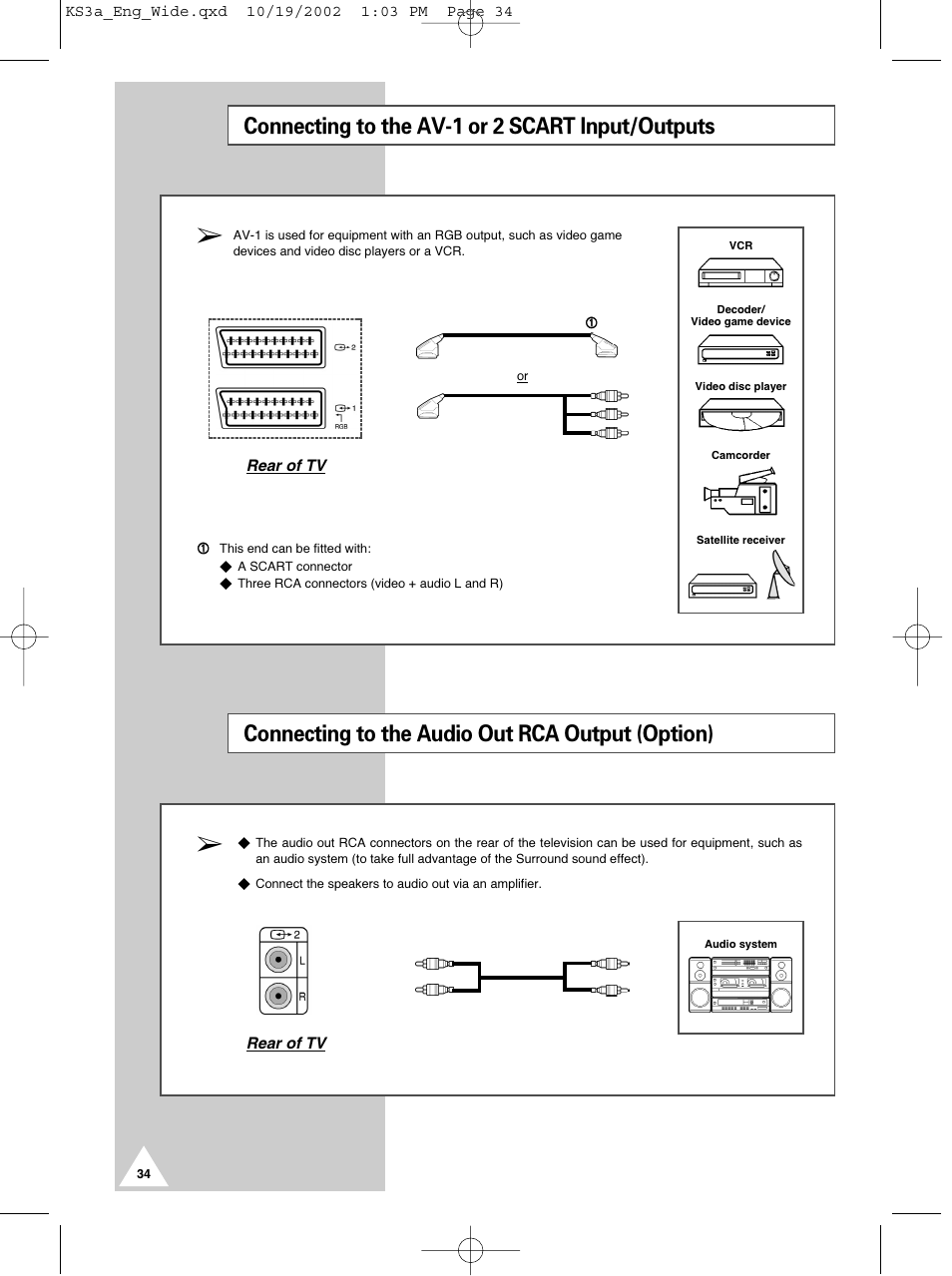 Connecting to the av-1 or 2 scart input/outputs, Connecting to the audio out rca output (option) | Samsung CS29K10MQ User Manual | Page 34 / 40