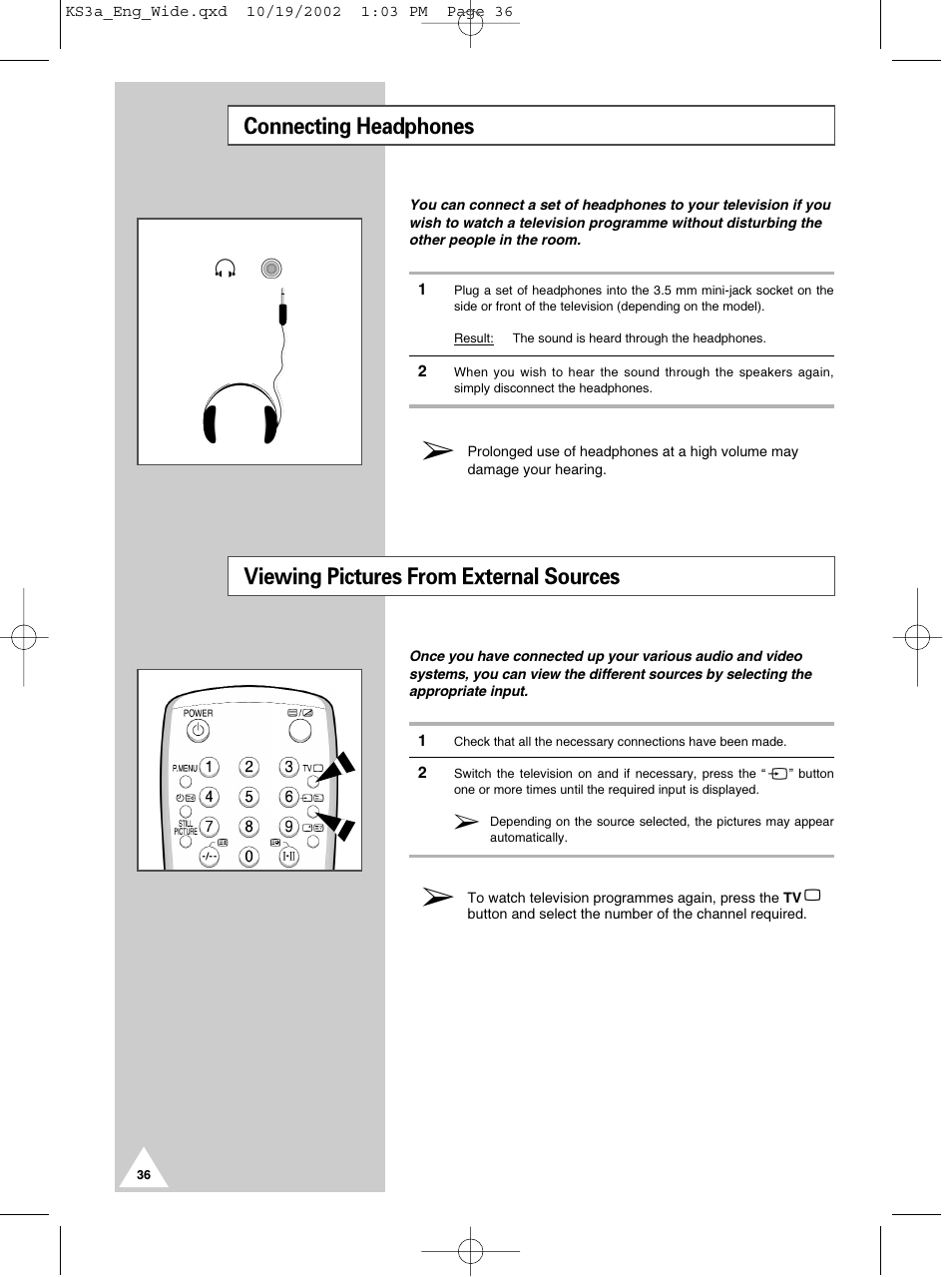 Connecting headphones, Viewing pictures from external sources | Samsung CS29K10MQ User Manual | Page 36 / 40