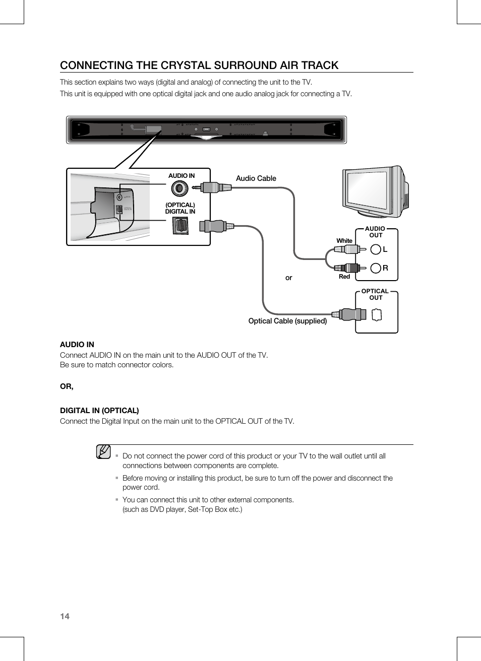 Connecting the crystal surround air track | Samsung CRYSTAL SURROUND AIR TRACK HT-SB1G User Manual | Page 14 / 21