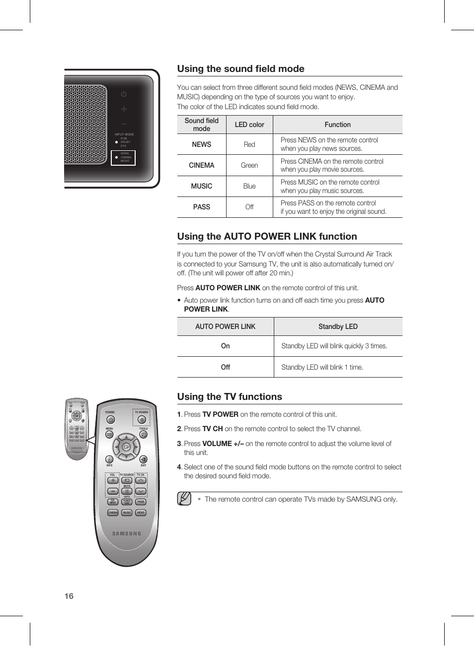 Using the sound field mode, Using the auto power link function, Using the tv functions | Samsung CRYSTAL SURROUND AIR TRACK HT-SB1G User Manual | Page 16 / 21