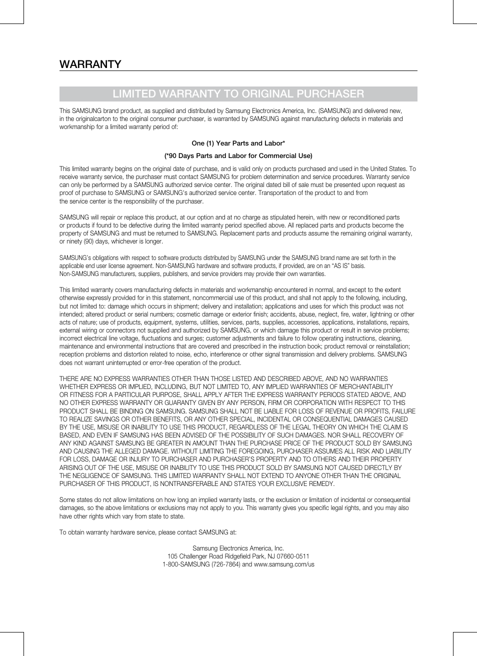 Waranty, Warranty limited warranty to original purchaser | Samsung CRYSTAL SURROUND AIR TRACK HT-SB1G User Manual | Page 19 / 21