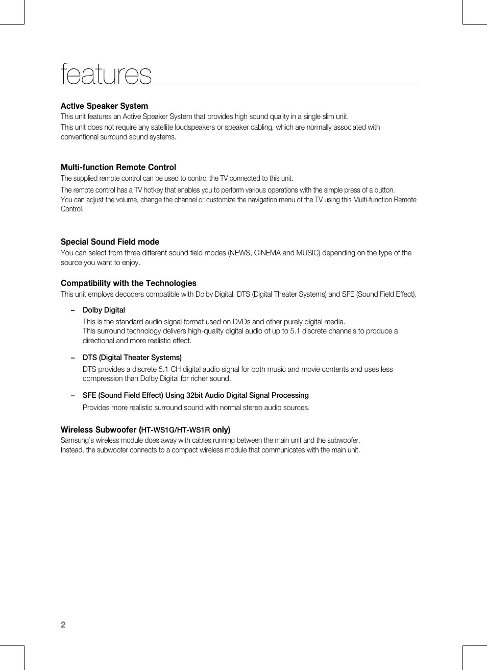 Features | Samsung CRYSTAL SURROUND AIR TRACK HT-SB1G User Manual | Page 2 / 21