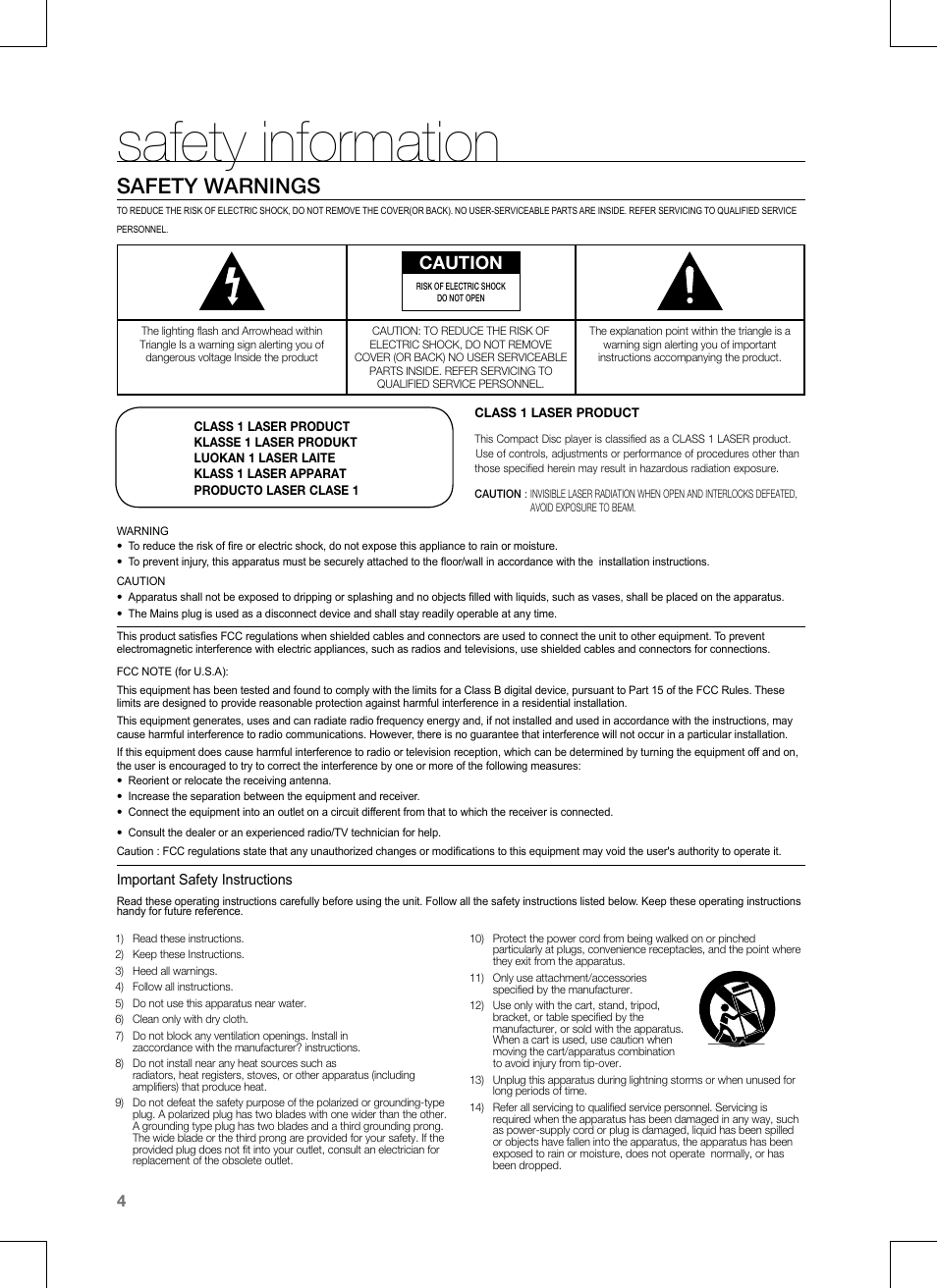 Safety information, Safety warnings, Caution | Samsung CRYSTAL SURROUND AIR TRACK HT-SB1G User Manual | Page 4 / 21