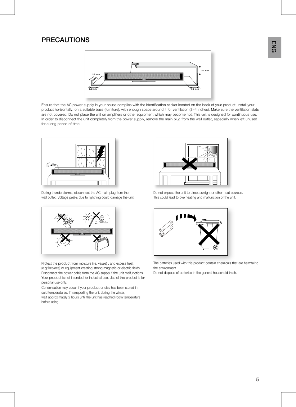 Precautions | Samsung CRYSTAL SURROUND AIR TRACK HT-SB1G User Manual | Page 5 / 21