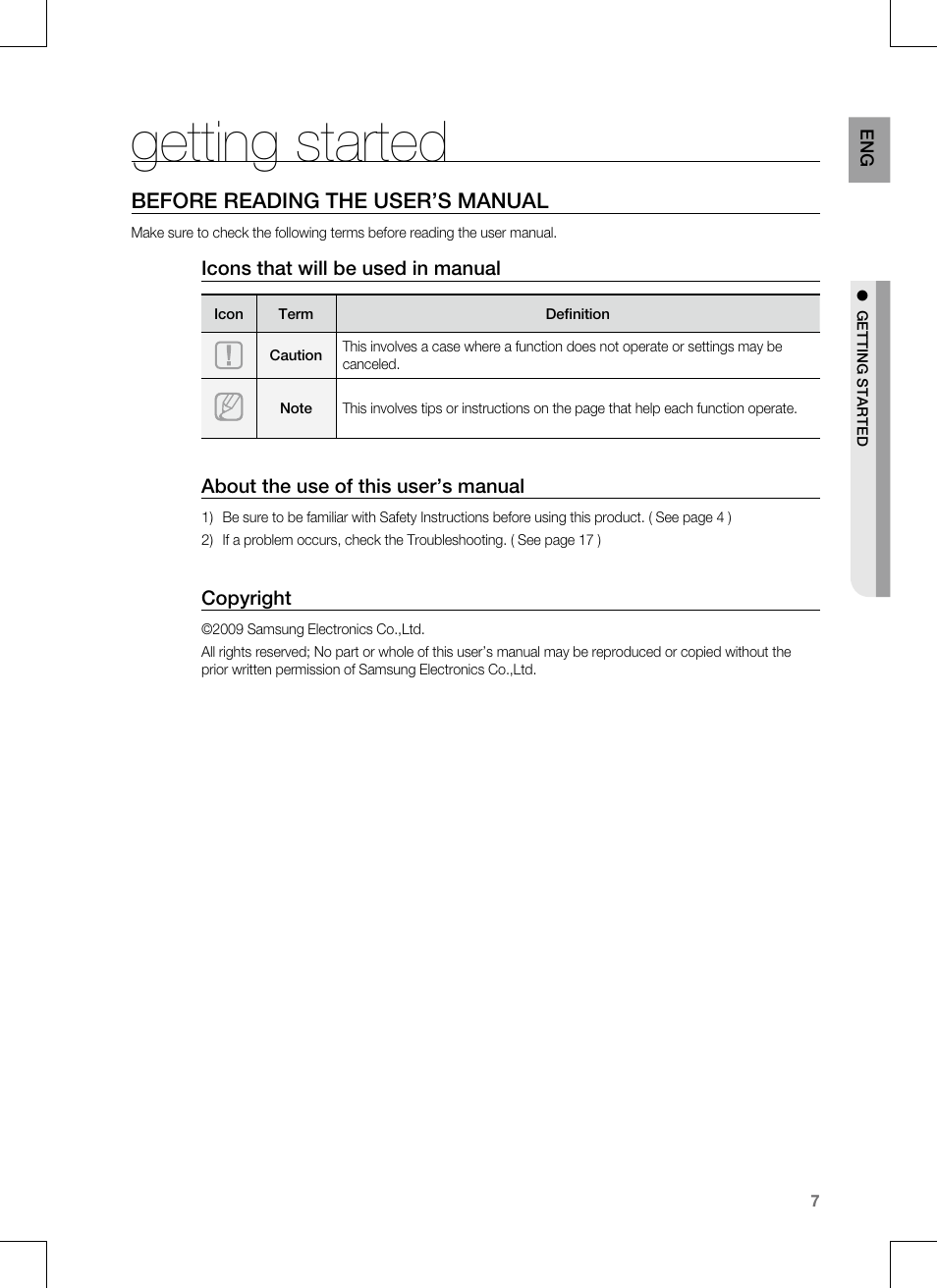 Getting started | Samsung CRYSTAL SURROUND AIR TRACK HT-SB1G User Manual | Page 7 / 21