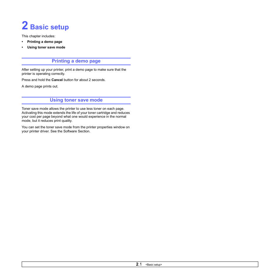 Basic setup, Using toner save mode | Samsung ML-2850D User Manual | Page 17 / 88