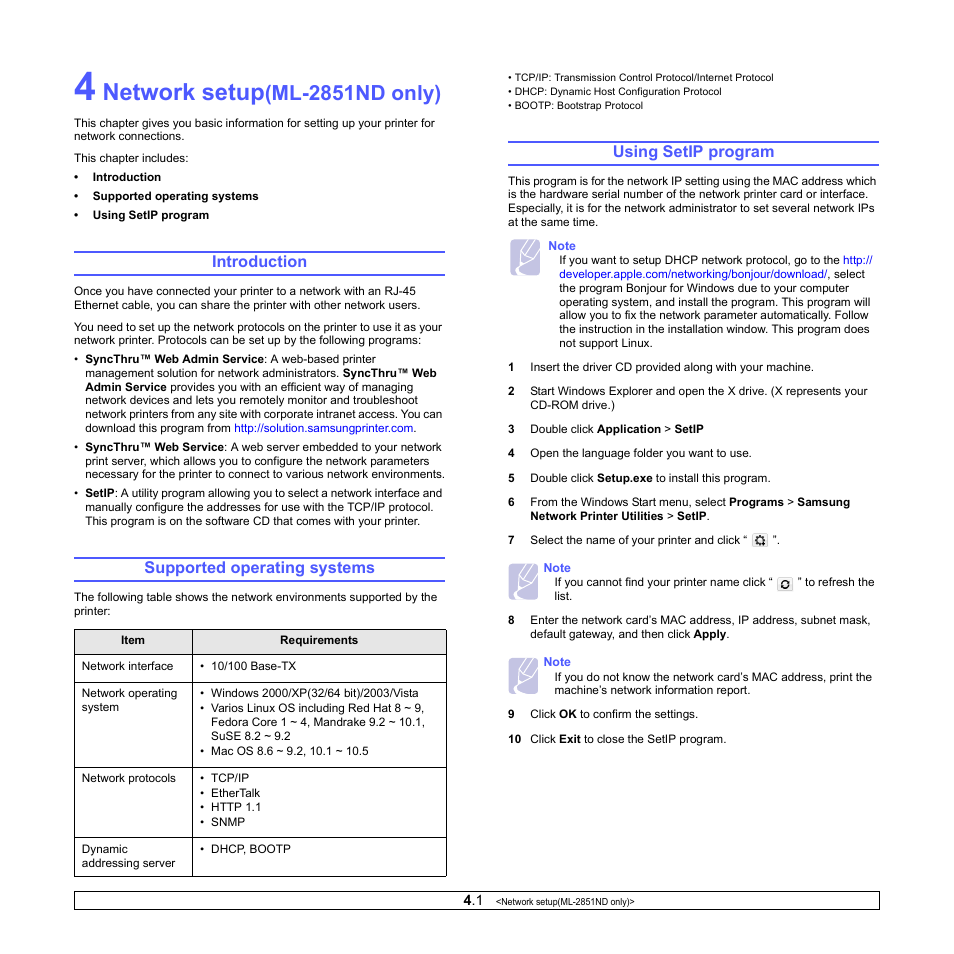 Network setup(ml-2851nd only), Introduction, Supported operating systems | Using setip program, Network setup, Ml-2851nd only) | Samsung ML-2850D User Manual | Page 20 / 88