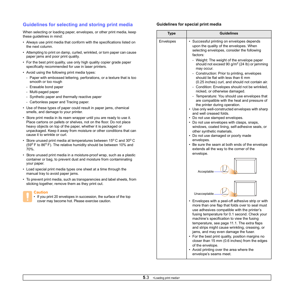 Guidelines for selecting and storing print media | Samsung ML-2850D User Manual | Page 23 / 88