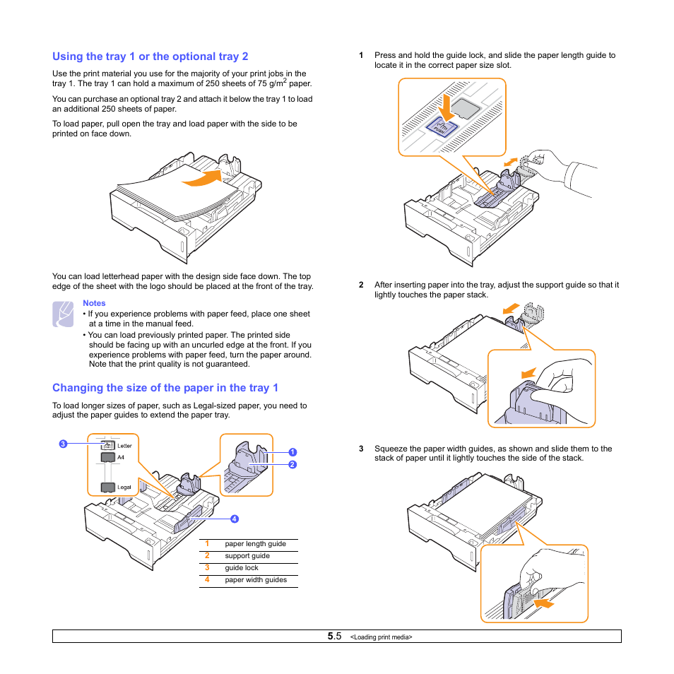 Using the tray 1 or the optional tray 2, Changing the size of the paper in the tray 1 | Samsung ML-2850D User Manual | Page 25 / 88