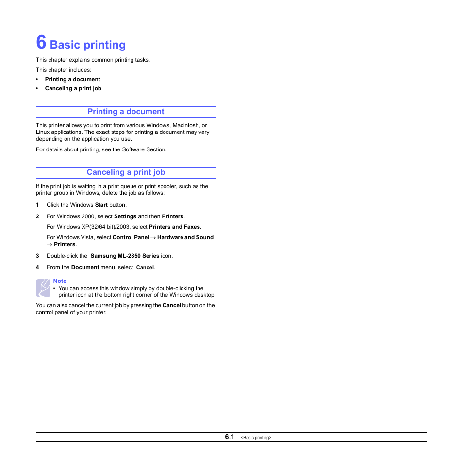 Basic printing, Printing a document, Canceling a print job | Printing a document canceling a print job | Samsung ML-2850D User Manual | Page 28 / 88