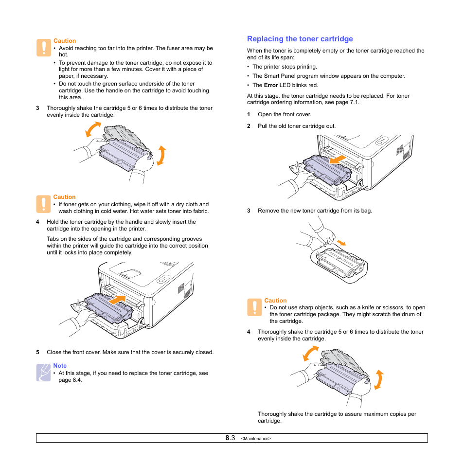 Replacing the toner cartridge | Samsung ML-2850D User Manual | Page 32 / 88