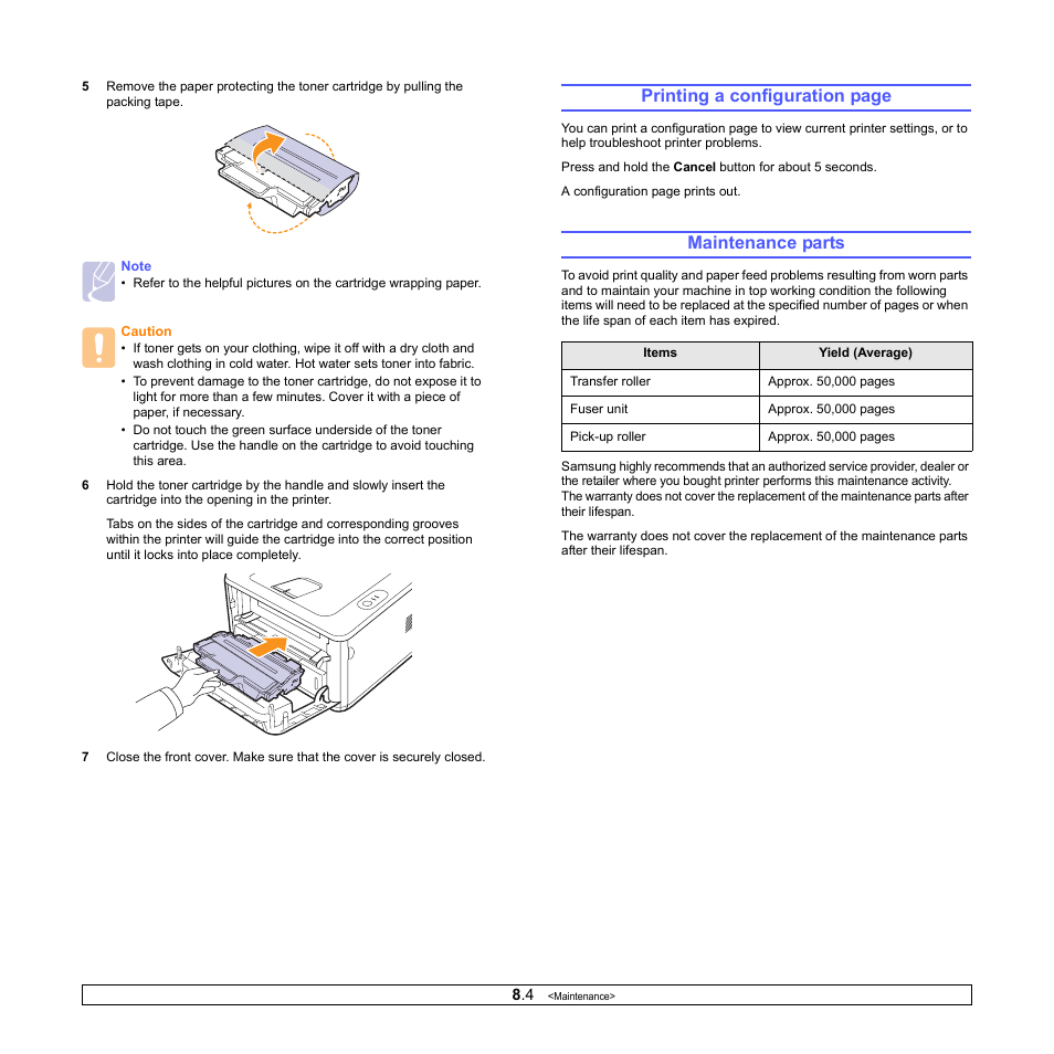 Maintenance parts, Printing a configuration page | Samsung ML-2850D User Manual | Page 33 / 88