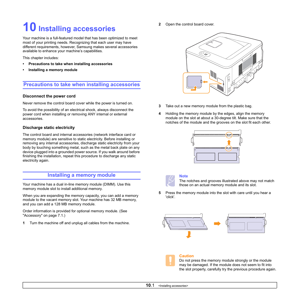 Installing accessories, Precautions to take when installing accessories, Installing a memory module | Samsung ML-2850D User Manual | Page 45 / 88