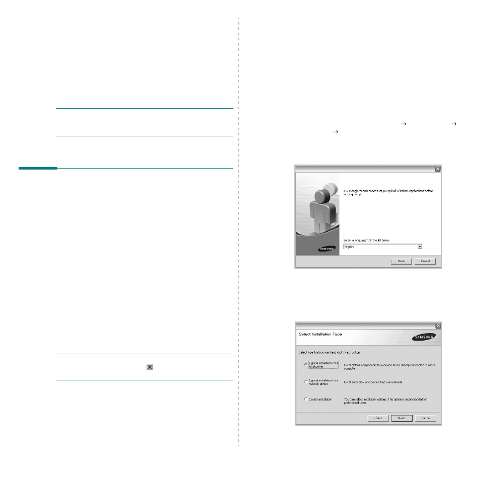 Installing printer software in windows, Installing printer software, Installing software for local printing | Chapter 1 | Samsung ML-2850D User Manual | Page 53 / 88