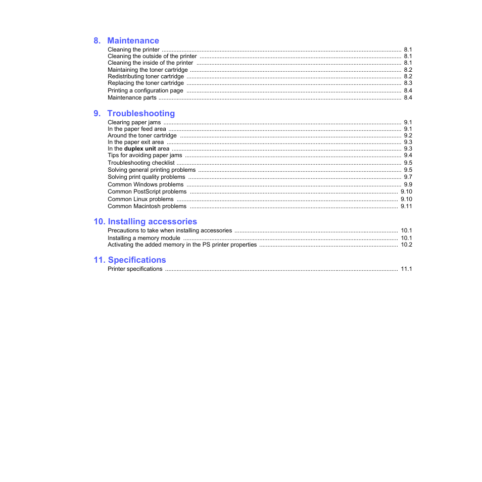 Maintenance, Troubleshooting, Installing accessories | Specifications | Samsung ML-2850D User Manual | Page 6 / 88