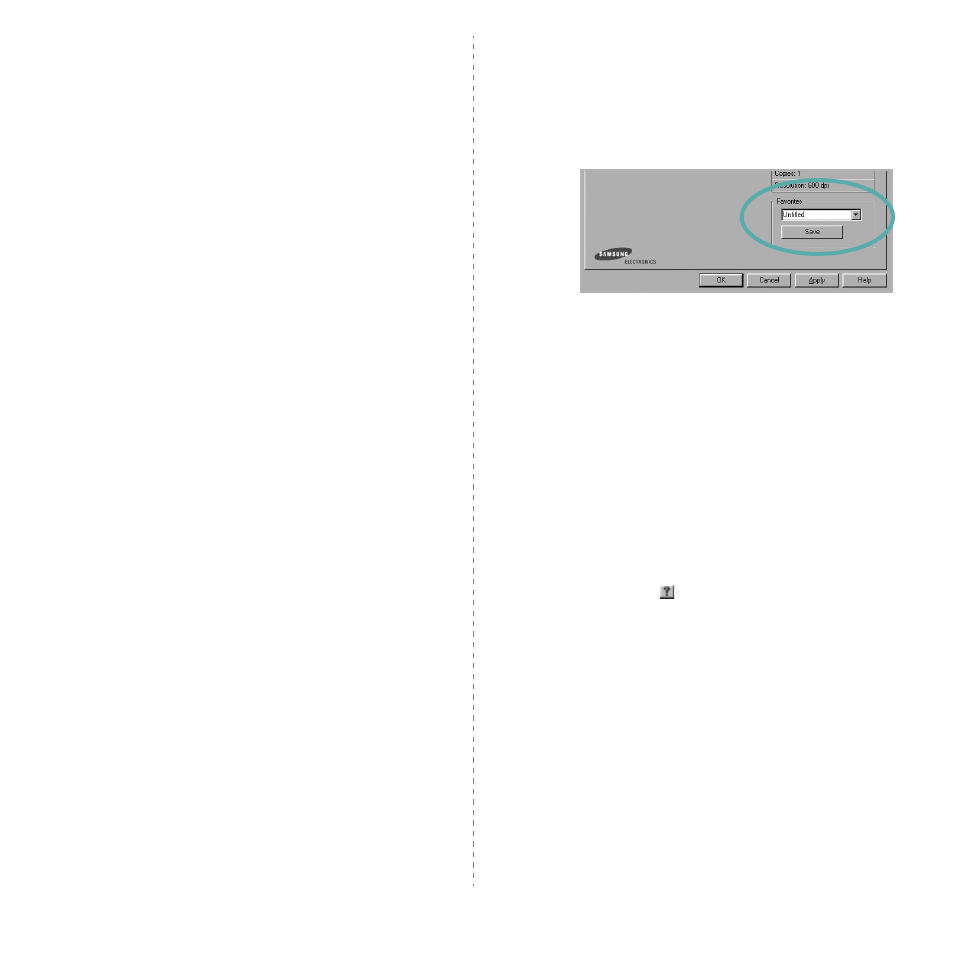 About tab, Printer tab, Using a favorite setting | Using help, About tab - printer tab, Using a favorite setting - using help | Samsung ML-2850D User Manual | Page 66 / 88