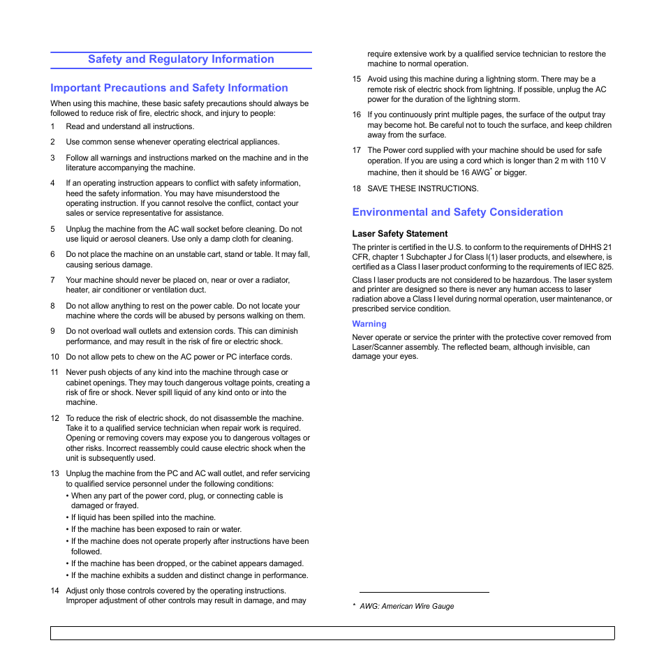 Safety and regulatory information, Important precautions and safety information, Environmental and safety consideration | Samsung ML-2850D User Manual | Page 7 / 88