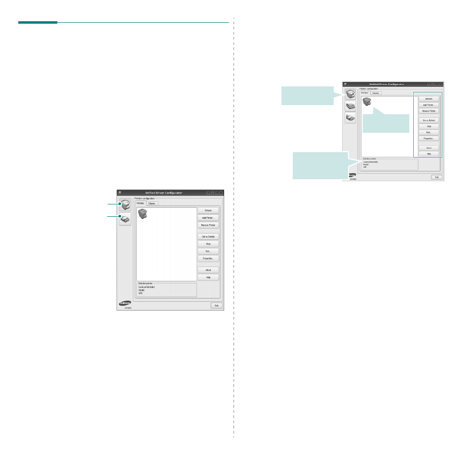 Using the unified driver configurator, Opening the unified driver configurator, Printers configuration | Samsung ML-2850D User Manual | Page 78 / 88