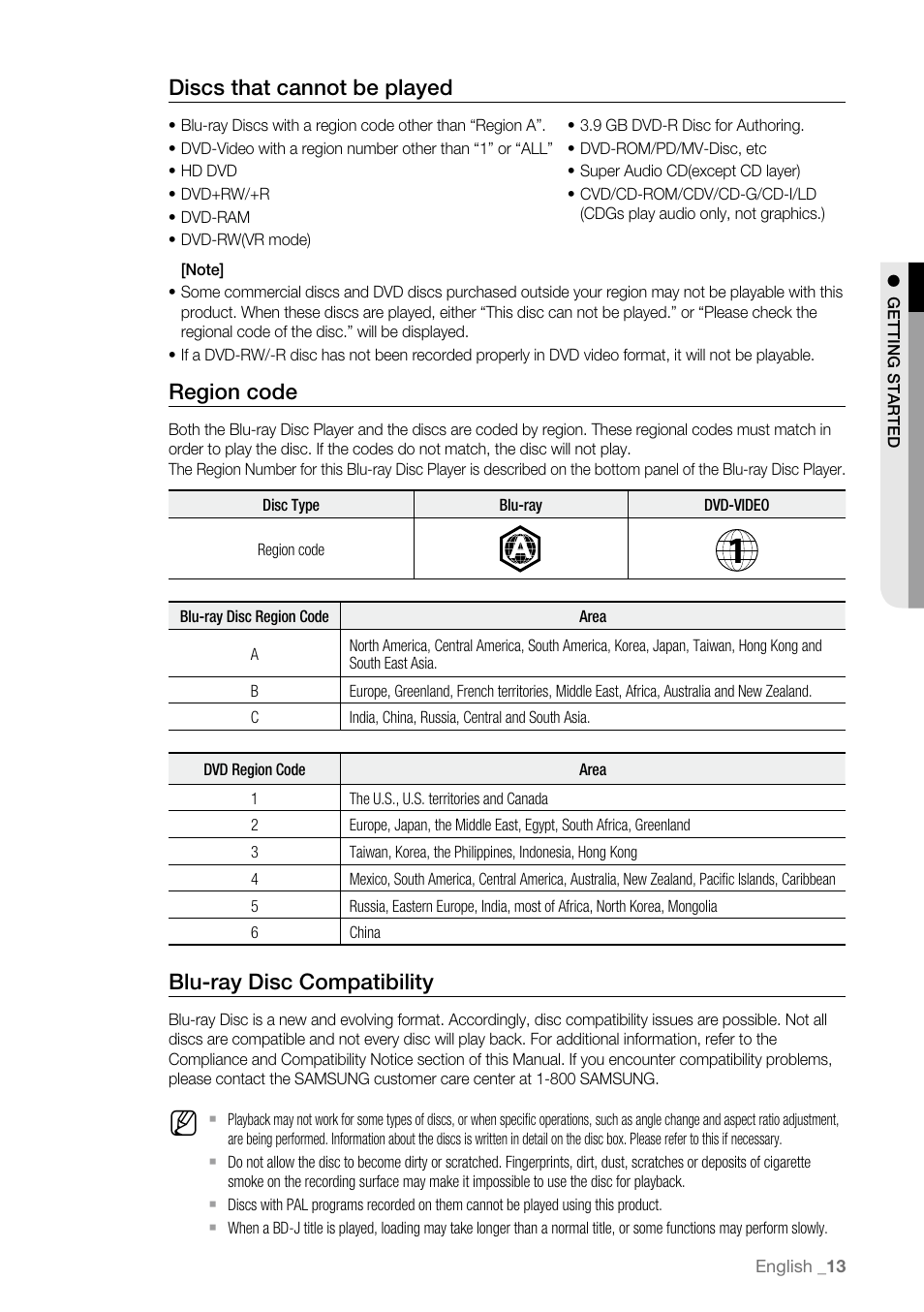 Discs that cannot be played, Region code, Blu-ray disc compatibility | Samsung BD-P4600 User Manual | Page 13 / 103