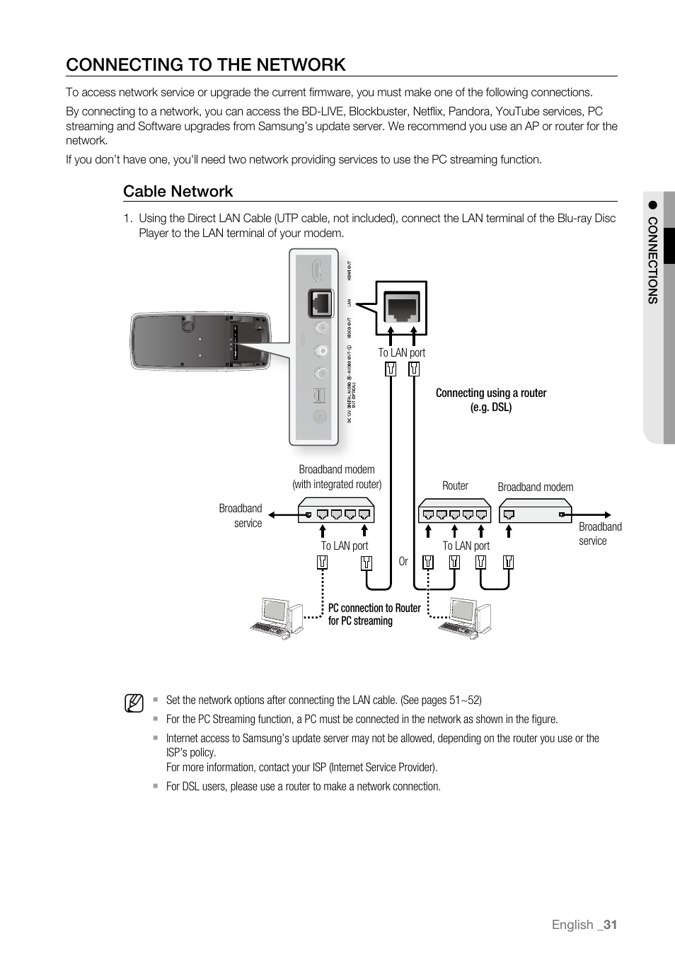 Connecting to the network, Cable network | Samsung BD-P4600 User Manual | Page 31 / 103