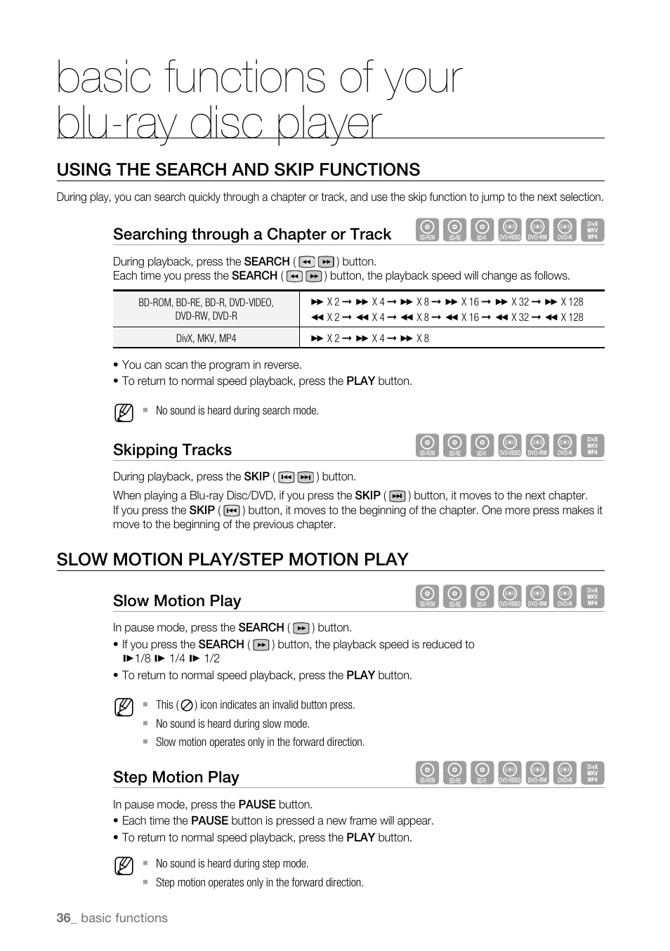 Using the search and skip functions, Slow motion play/step motion play, Basic functions of your blu-ray disc player | Hgfzcv | Samsung BD-P4600 User Manual | Page 36 / 103
