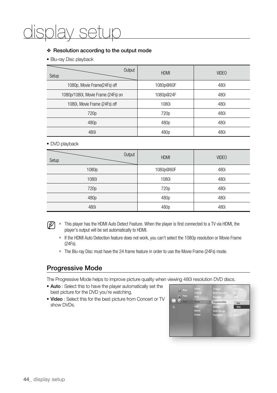 Progressive mode, Display setup, Resolution according to the output mode | Samsung BD-P4600 User Manual | Page 44 / 103