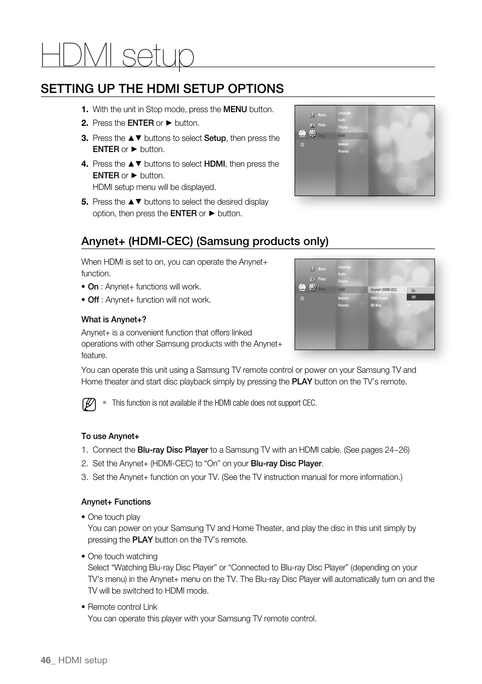 Hdmi setup, Setting up the hdmi setup options, Anynet+ (hdmi-cec) (samsung products only) | Samsung BD-P4600 User Manual | Page 46 / 103