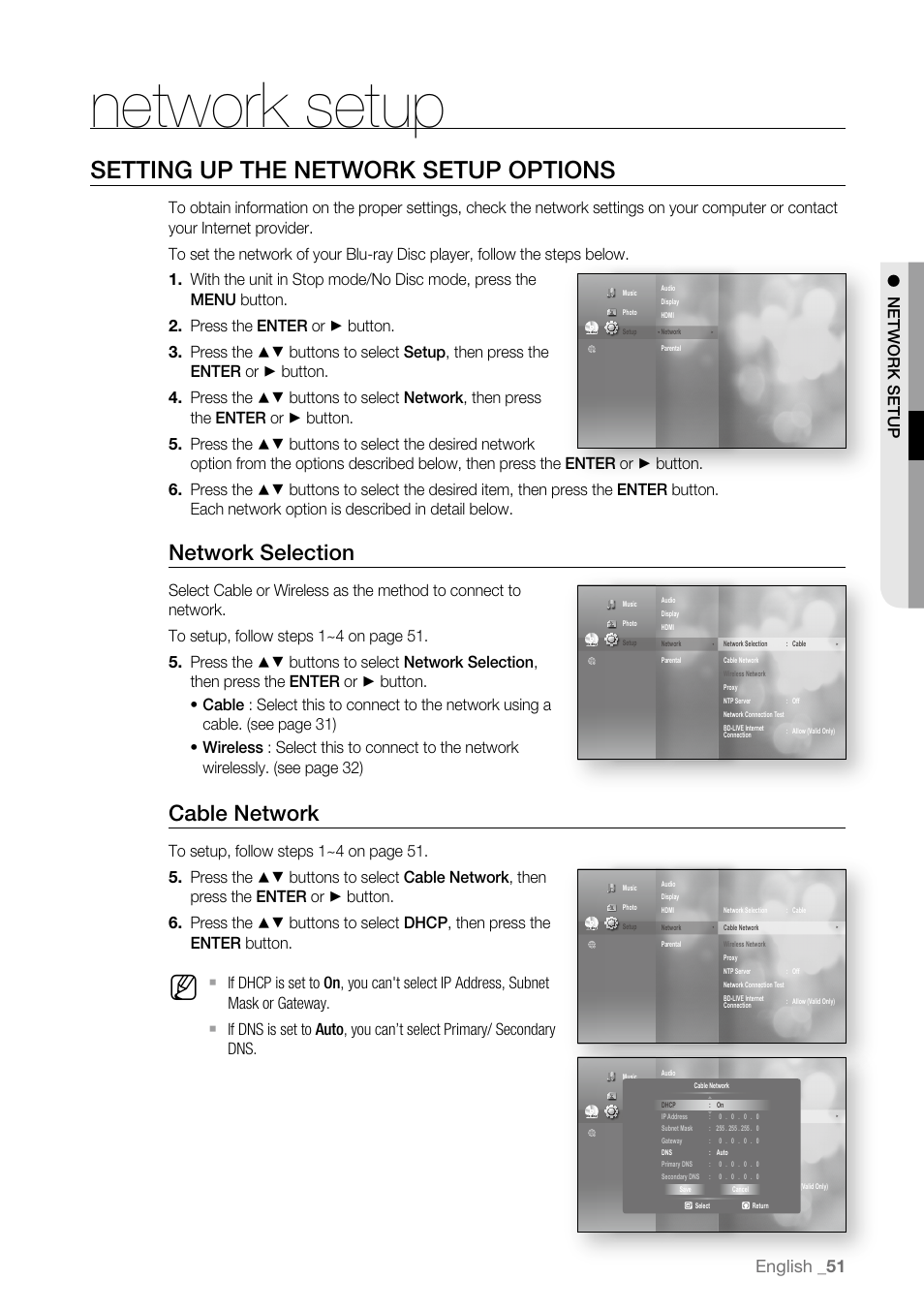 Network setup, Setting up the network setup options, Network selection | Cable network, English _1 | Samsung BD-P4600 User Manual | Page 51 / 103