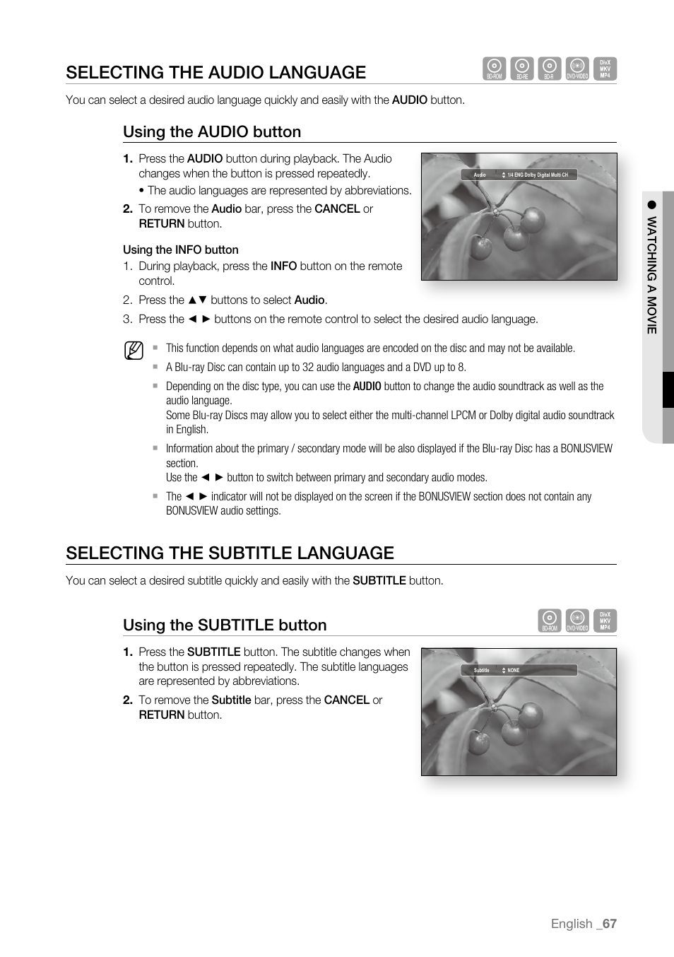 Selecting the audio language, Selecting the subtitle language, Hgfz | Using the audio button, Using the subtitle button | Samsung BD-P4600 User Manual | Page 67 / 103