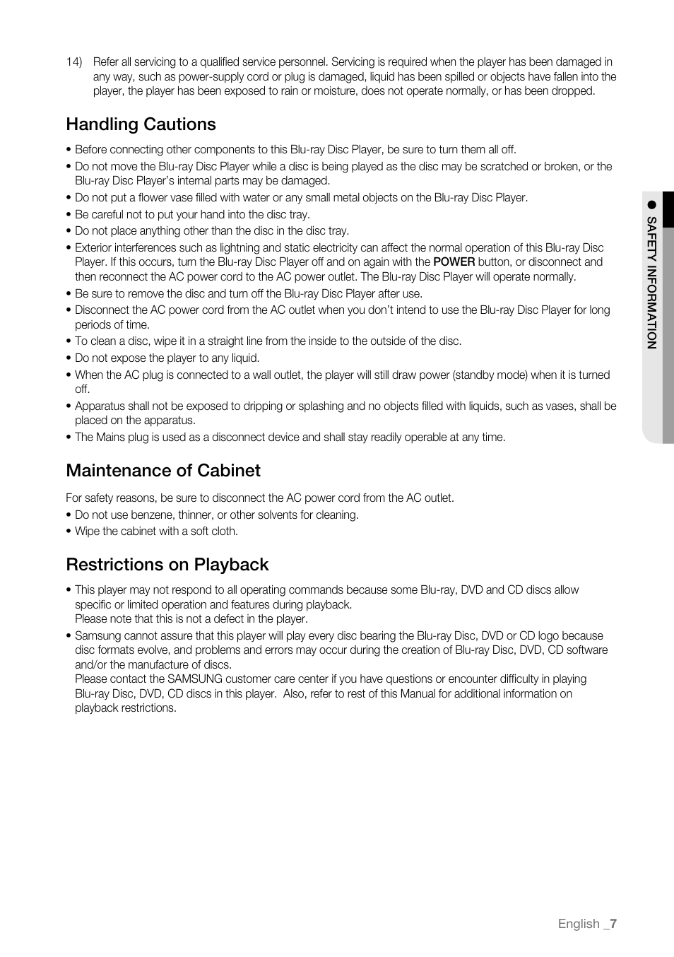 Handling cautions, Maintenance of cabinet, Restrictions on playback | Samsung BD-P4600 User Manual | Page 7 / 103