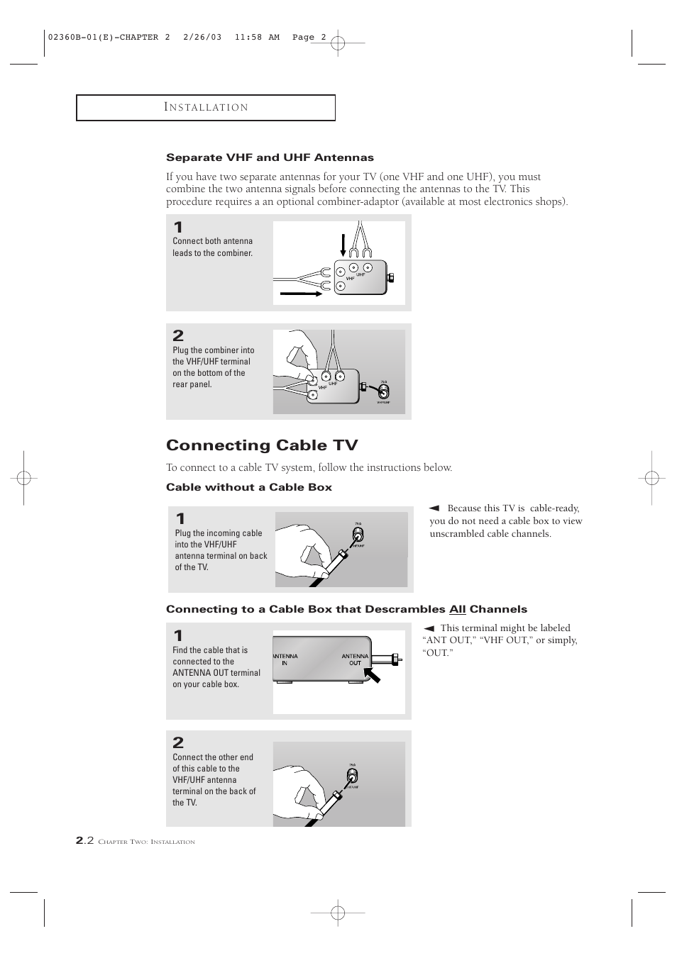 Connecting cable tv | Samsung CSN2077DV User Manual | Page 14 / 79