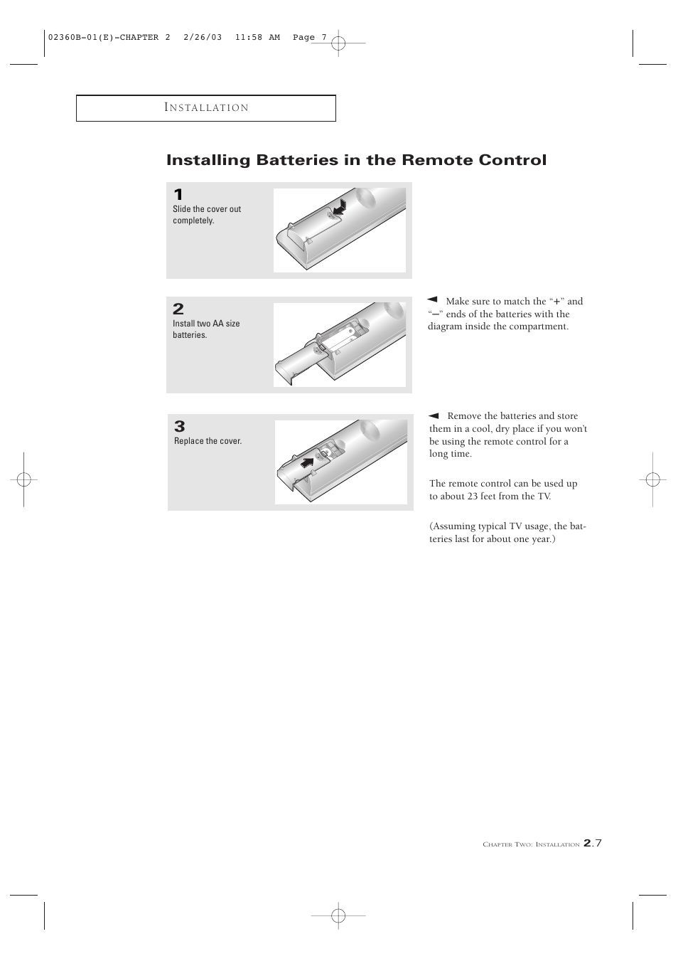 Installing batteries in the remote control | Samsung CSN2077DV User Manual | Page 19 / 79
