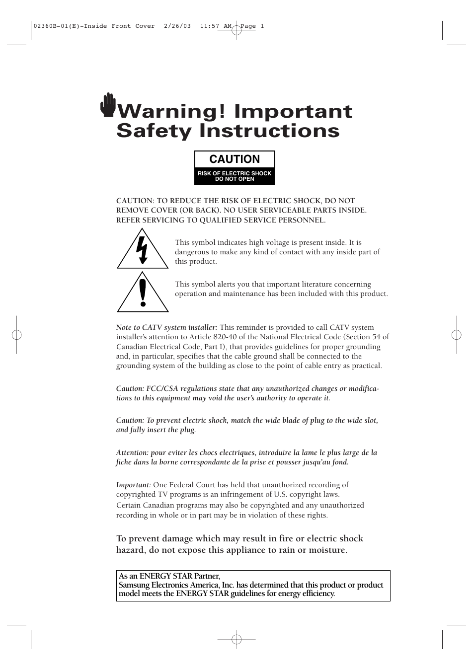 Warning! important safety instructions, Caution | Samsung CSN2077DV User Manual | Page 2 / 79