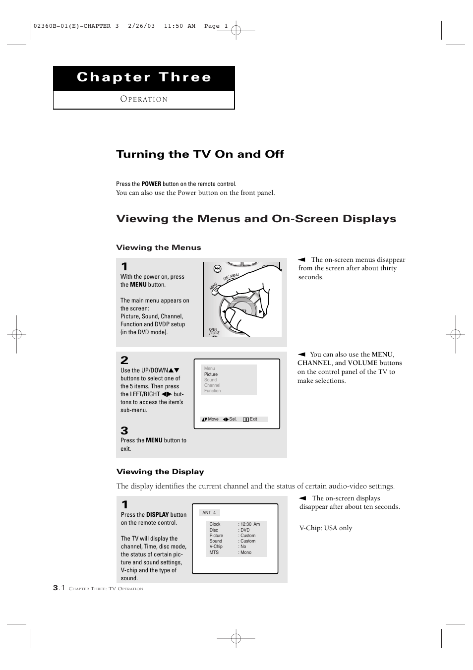 Viewing the menus and on-screen displays, Turning the tv on and off | Samsung CSN2077DV User Manual | Page 20 / 79