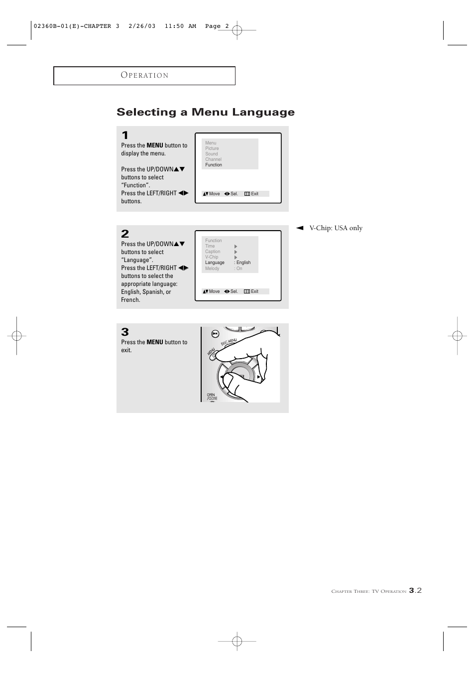 Selecting a menu language | Samsung CSN2077DV User Manual | Page 21 / 79