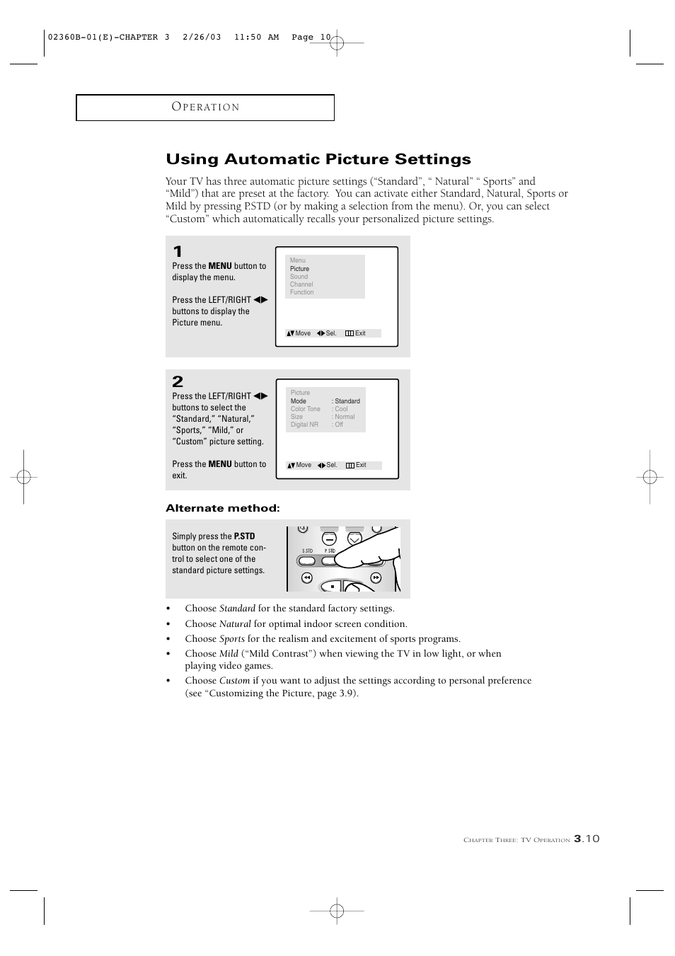 Using automatic picture settings | Samsung CSN2077DV User Manual | Page 29 / 79