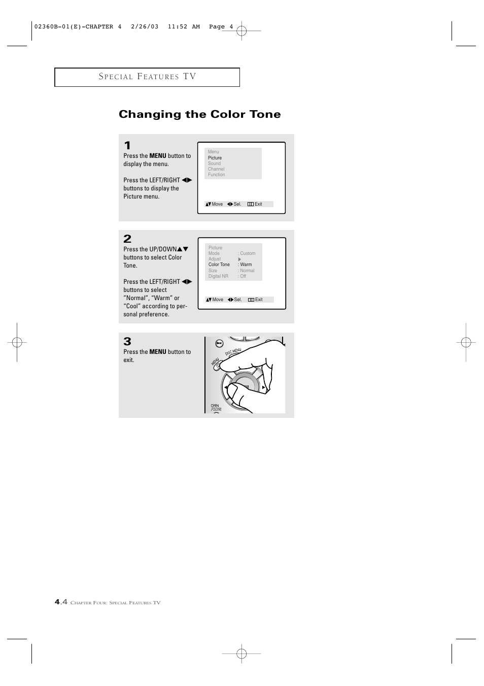 Changing the color tone | Samsung CSN2077DV User Manual | Page 36 / 79