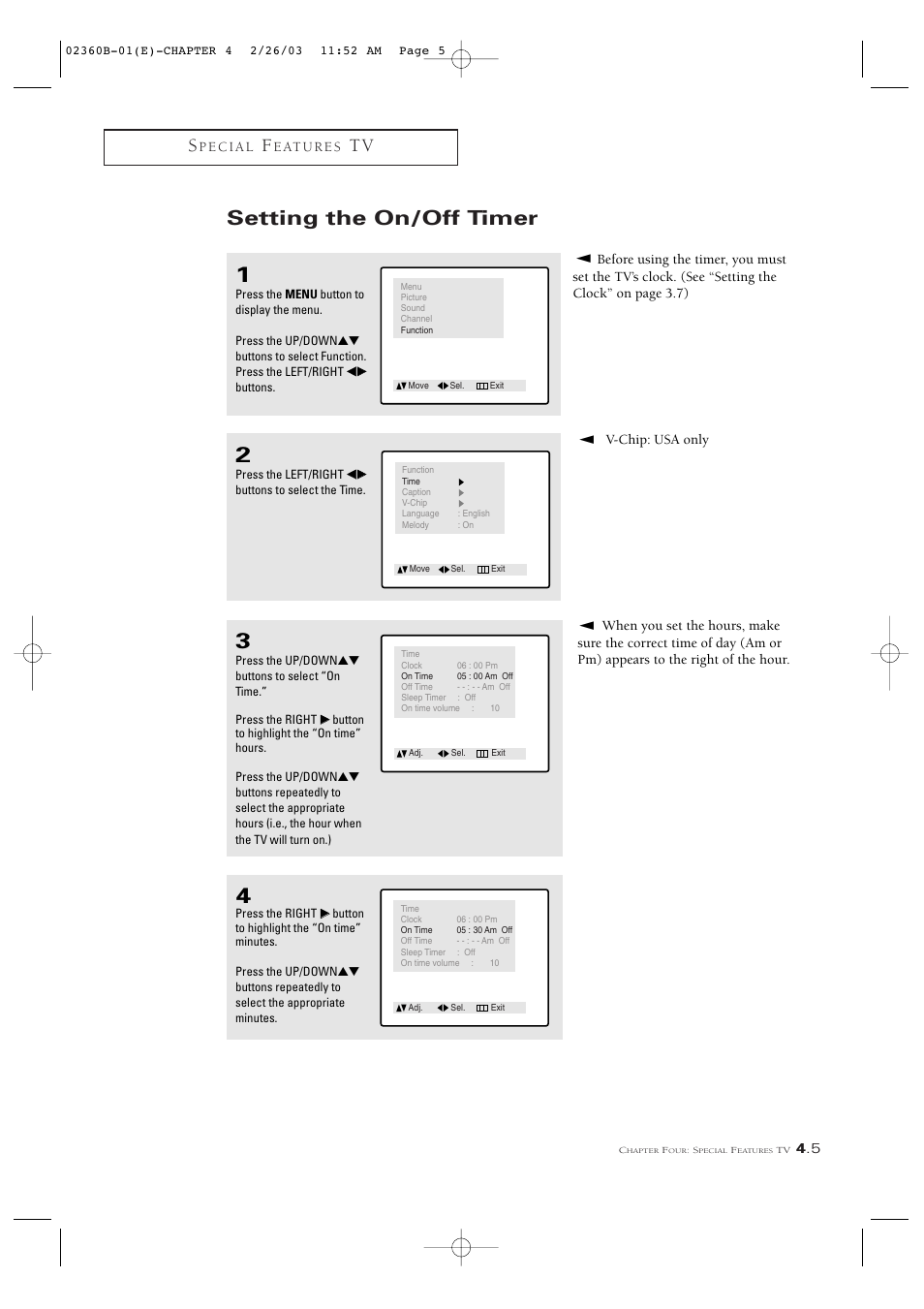 Setting the on/off timer | Samsung CSN2077DV User Manual | Page 37 / 79