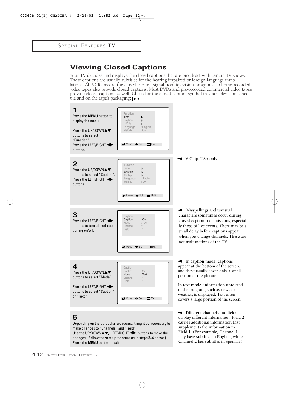 Viewing closed captions | Samsung CSN2077DV User Manual | Page 44 / 79