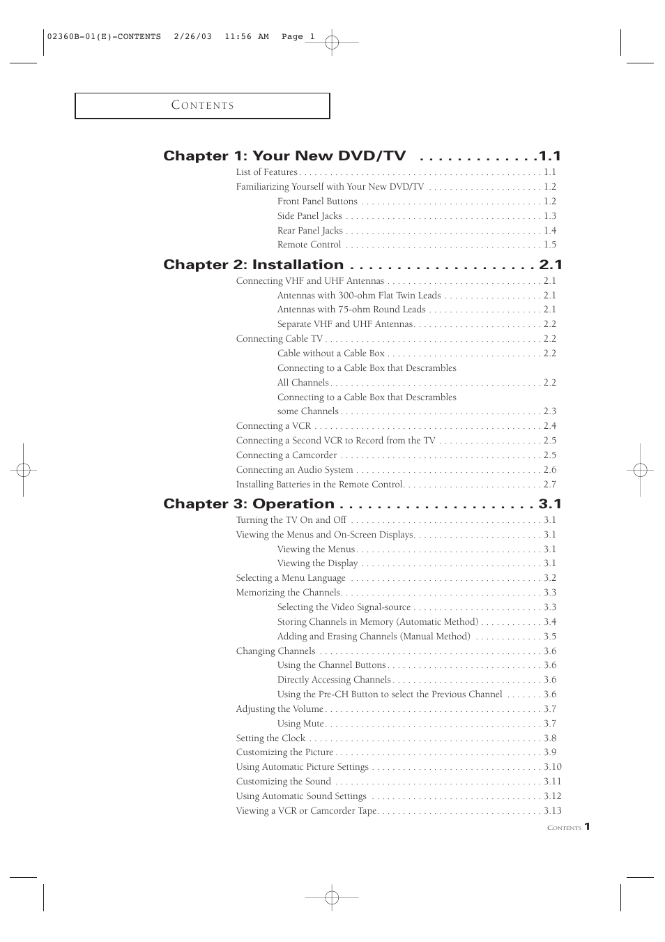 Chapter 1: your new dvd/tv, Chapter 2: installation, Chapter 3: operation | Samsung CSN2077DV User Manual | Page 5 / 79