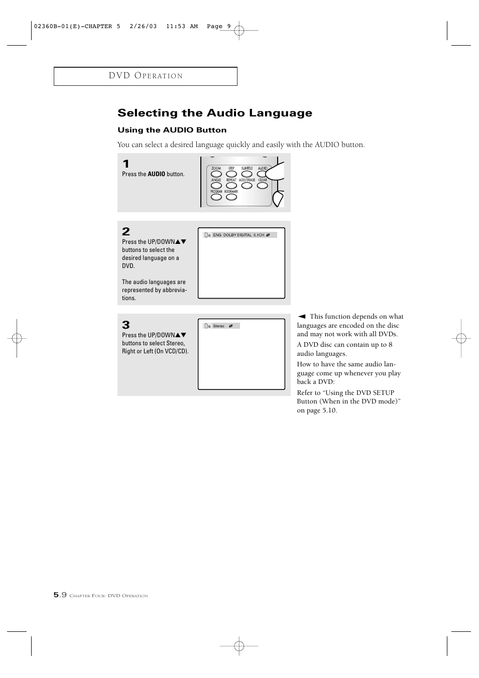 Selecting the audio language, D v d o | Samsung CSN2077DV User Manual | Page 58 / 79