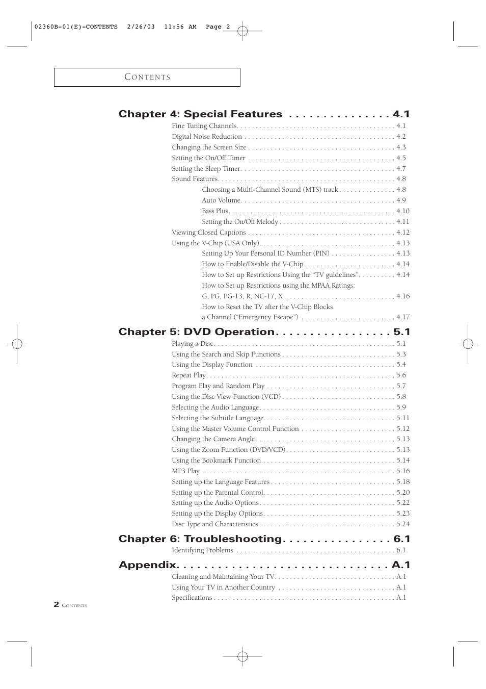 Chapter 4: special features, Chapter 5: dvd operation, Chapter 6: troubleshooting | Samsung CSN2077DV User Manual | Page 6 / 79