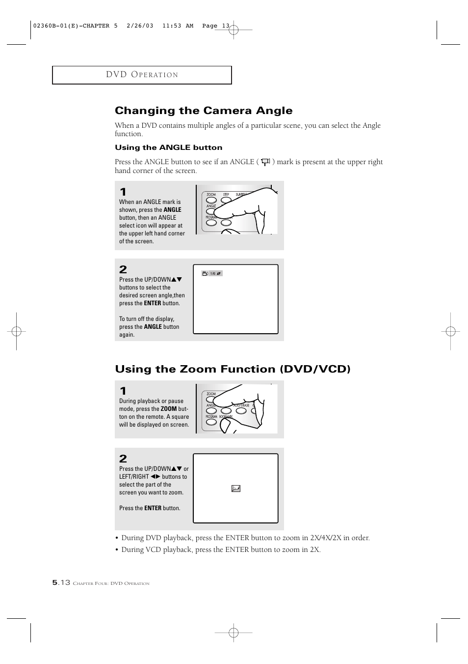 Changing the camera angle, Using the zoom function (dvd/vcd), D v d o | Samsung CSN2077DV User Manual | Page 62 / 79