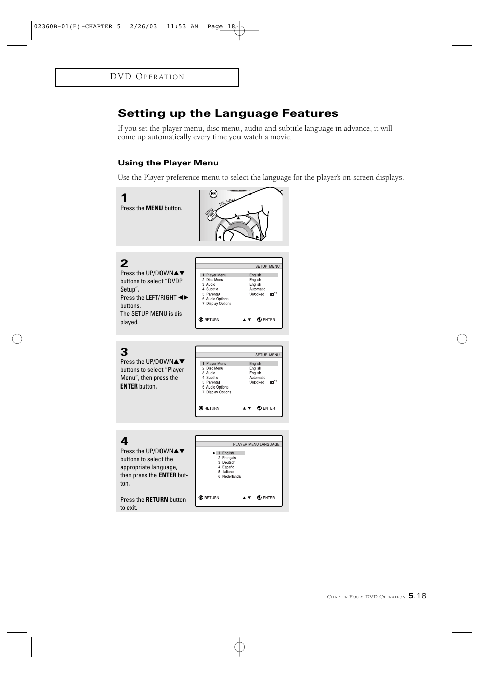 Setting up the language features, D v d o | Samsung CSN2077DV User Manual | Page 67 / 79