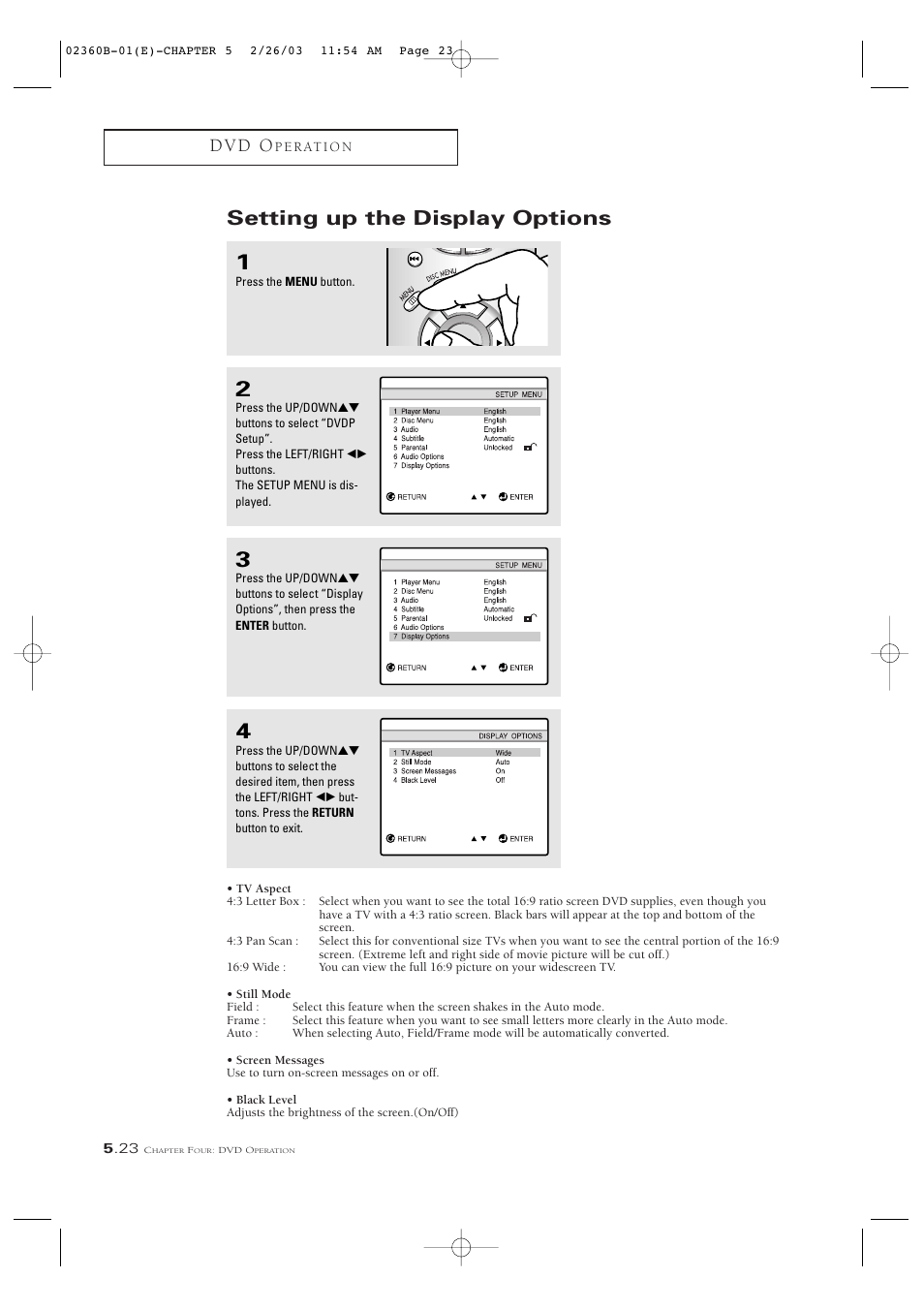 Setting up the display options, D v d o | Samsung CSN2077DV User Manual | Page 72 / 79