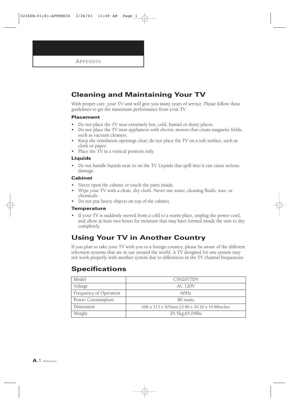 Cleaning and maintaining your tv, Using your tv in another country, Specifications | Samsung CSN2077DV User Manual | Page 76 / 79