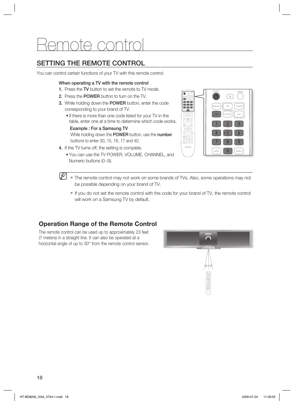 Remote control, Setting the remote control | Samsung 2.1CH BLU-RAY HT-BD8200 User Manual | Page 18 / 96