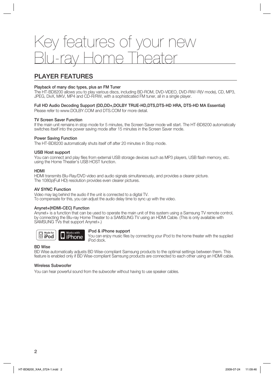 Key features of your newblu-ray home theater, Key features of your new blu-ray home theater, Player features | Samsung 2.1CH BLU-RAY HT-BD8200 User Manual | Page 2 / 96