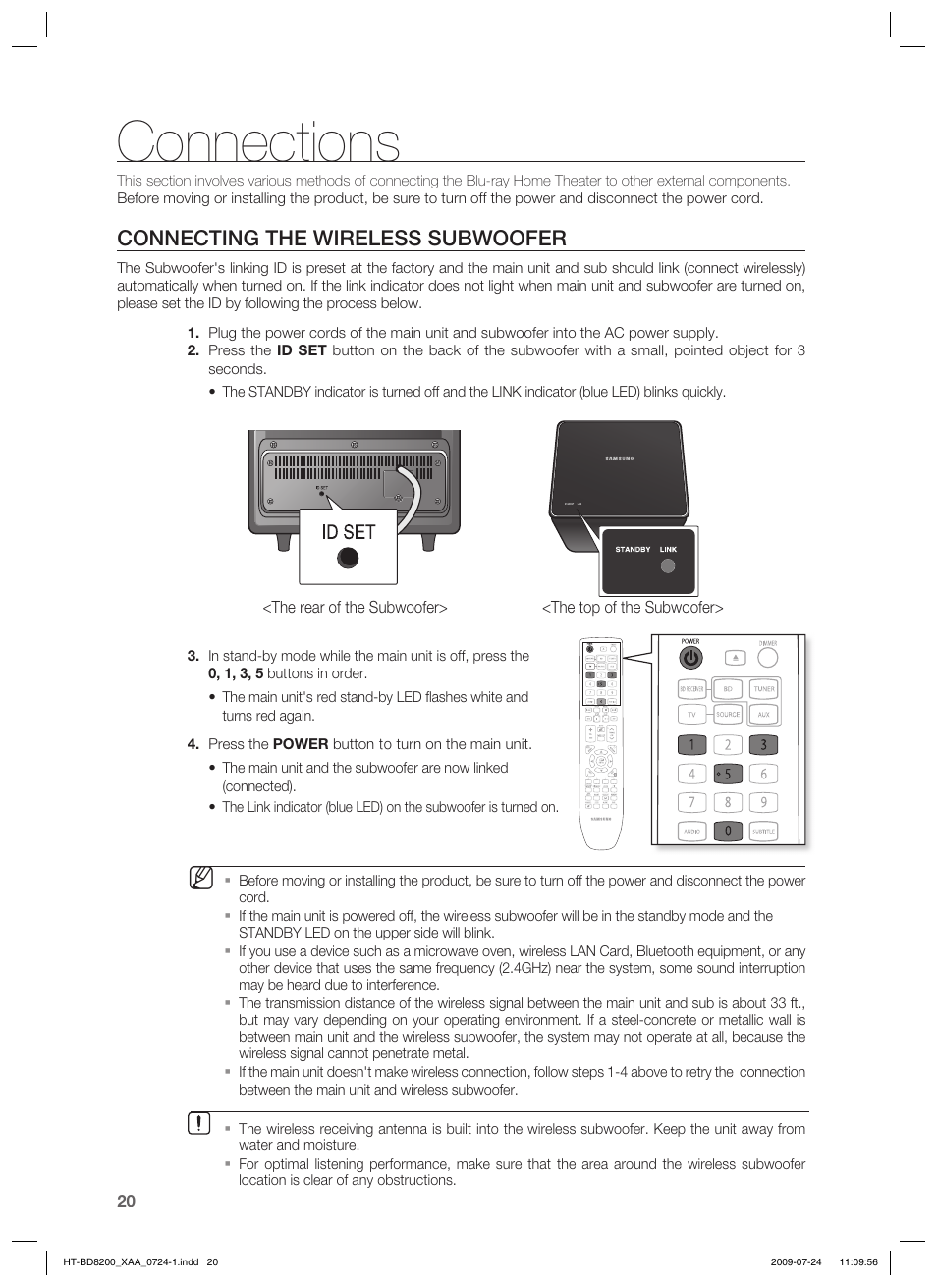 Connections, Connecting the wireless subwoofer | Samsung 2.1CH BLU-RAY HT-BD8200 User Manual | Page 20 / 96